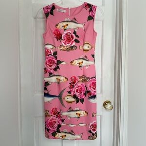 Elegant Pink Floral and Fish Print Midi Dress